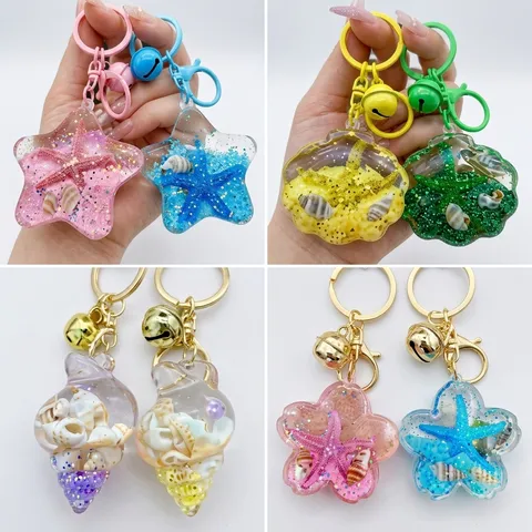 Acrylic Ocean Theme Liquid Quicksand Keychain Shell Starfish Bag Pendant Charm With Golden Bell Decorative Key Ring For Women