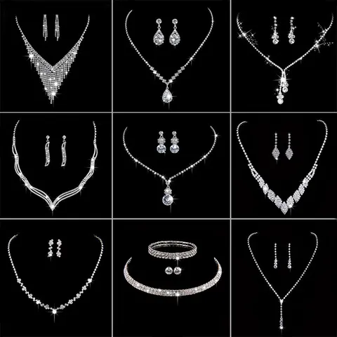 Bridal Rhinestone Tassel Necklace Earrings Set Copper Alloy Silver Plated Crystal Banquet Jewelry For Women Wedding Party