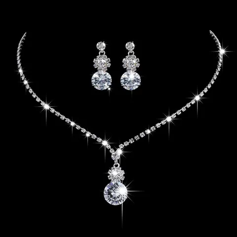 Bridal Rhinestone Tassel Necklace Earrings Set Copper Alloy Silver Plated Crystal Banquet Jewelry For Women Wedding Party