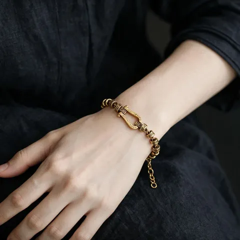 Bracciale Vintage Arabesque a Ferro di Cavallo da Donna in Rame con Chiusura a U e Grani con Motivo Retrò Gioielli alla Moda Regalo