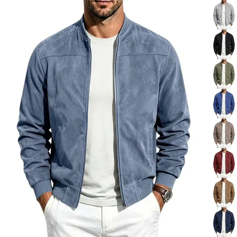 Men's Casual Faux Suede Bomber Jacket Solid Color Zip Up Stand Collar Outerwear With Ribbed Cuffs Mid Length Jacket