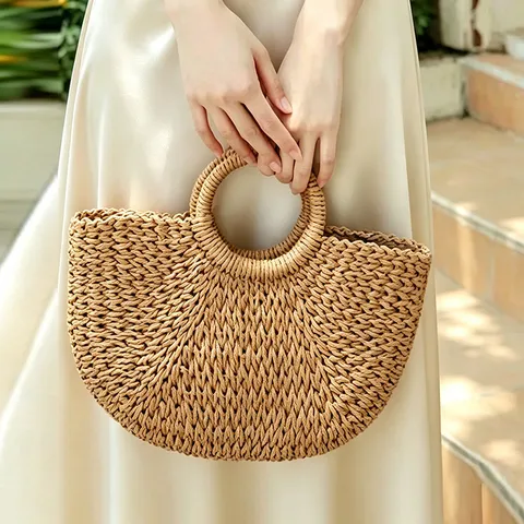 Dames Handgeweven Strotas Halve Cirkel Papieren Touw Handtas Zomer Strandvakantie Rond Handvat Eenvoudige Vintage Stijl Reistas