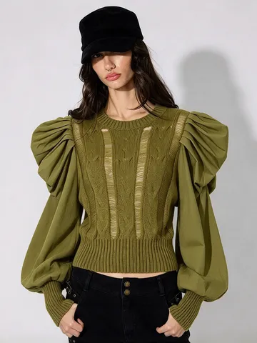 Damen Patchwork Strickpullover Rundhals Ausgehöhlt Langarm Pufflaternenärmel Lockerer Casual Strickoberteil
