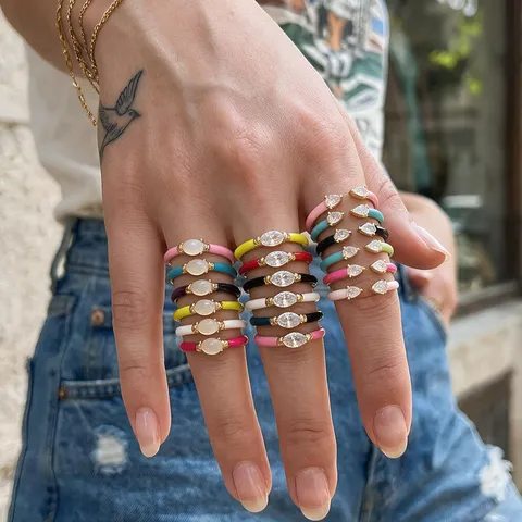 Verstellbarer Offener Ring Vergoldetes Kupfer Emaille Tropföl Wassertropfen Herz Zirkon Modeschmuck Für Damen