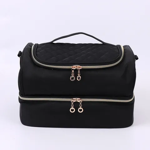 Double Layer Large Capacity Cosmetic Bag Quilted Makeup Organizer Portable Travel Toiletry Bag With Handle And Compartments