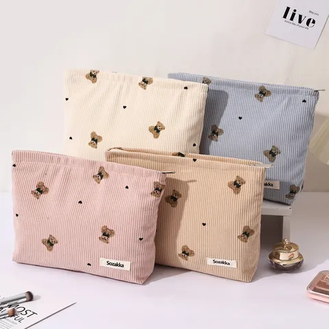 Corduroy Cute Bear Cosmetic Bag Large Capacity Portable Travel Makeup Pouch Zipper Toiletry Organizer For Women