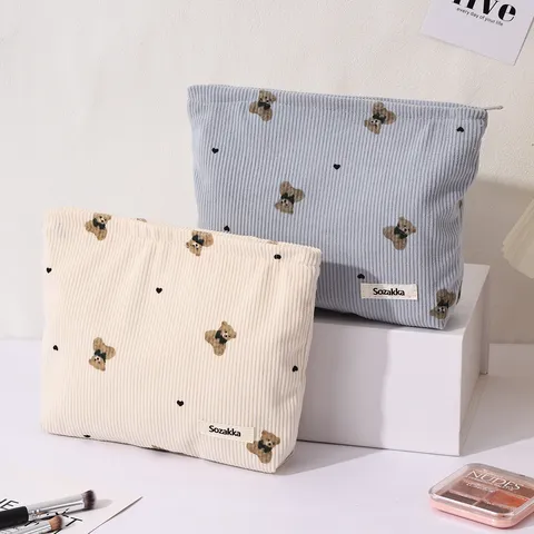 Corduroy Cute Bear Cosmetic Bag Large Capacity Portable Travel Makeup Pouch Zipper Toiletry Organizer For Women