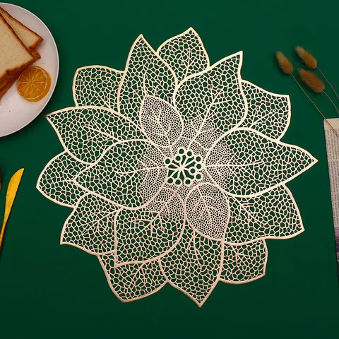PVC Table Placemat Gold Silver Ginkgo Leaf Hollow Heat Resistant Dining Table Mat Western Restaurant Decor
