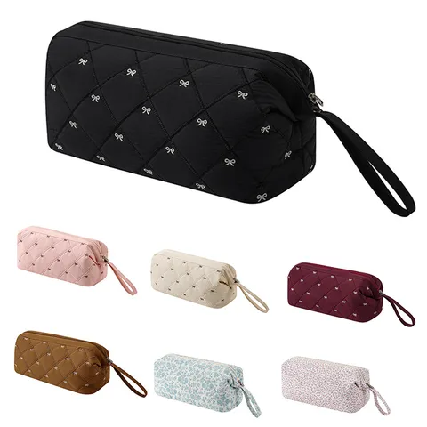 Large Capacity Quilted Hair Dryer Storage Bag Portable Travel Cosmetic Organizer Makeup Pouch With Bowknot Handle