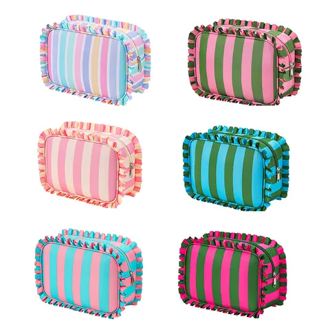 Large Capacity Stripe Cosmetic Bag Travel Portable Toiletry Storage Pouch Sweet Ruffle Edge Makeup Organizer Bag