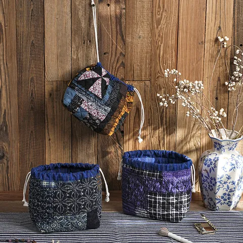 Retro Quilted Cotton And Linen Patchwork Drawstring Storage Bag Large Capacity Portable Travel Makeup Pouch