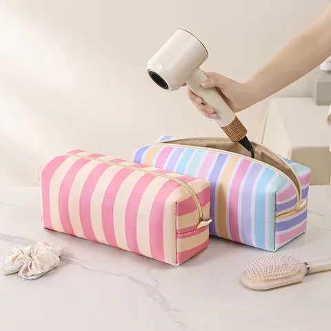 Large Capacity Striped Canvas Storage Bag Portable Travel Hairdryer Organizer Zipper Cosmetic Toiletry Pouch Handbag