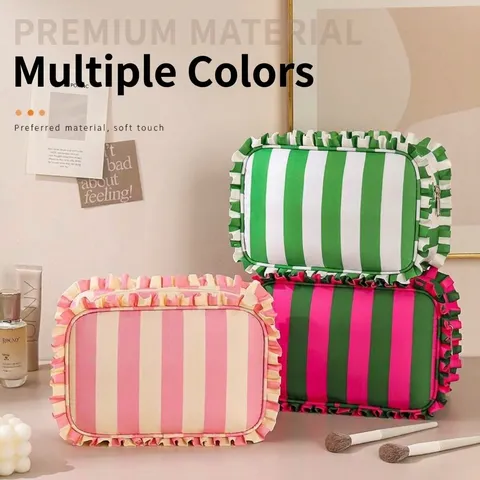 Large Capacity Stripe Cosmetic Bag Travel Portable Toiletry Storage Pouch Sweet Ruffle Edge Makeup Organizer Bag