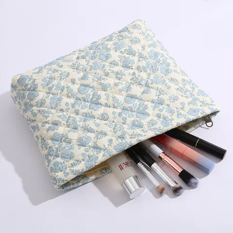 Korean Style Quilted Cosmetic Bag Large Capacity Floral Print Makeup Pouch Travel Storage Organizer Bag For Women