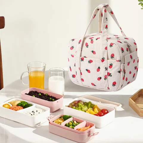 Corduroy Insulated Lunch Bag Portable Thermal Cooler Tote Bag With Zipper Pocket For Office Work Outdoor Travel