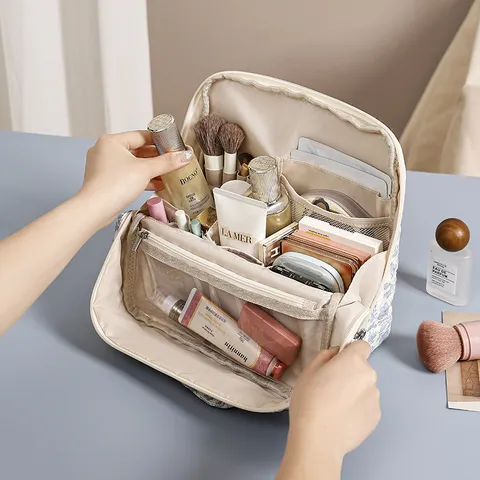 Large Capacity Quilted Cotton Cosmetic Bag Portable Travel Makeup Organizer Multi-Partition Toiletry Pouch