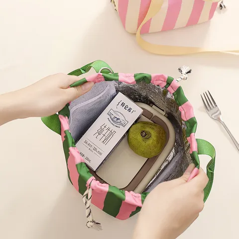 Striped Drawstring Thermal Bento Bag Thickened Aluminum Foil Insulated Lunch Bag Portable Picnic Bag