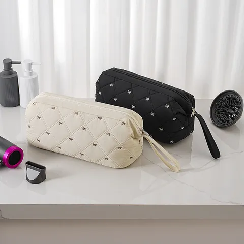Multifunctional Travel Storage Bag Portable Quilted Hairdryer Pouch With Bow Embroidery For Hair Styling Tools