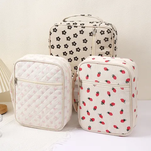 Retro Quilted Floral Book Storage Bag Large Capacity Portable Dustproof Book Cover Student Tote Organizer Handbag