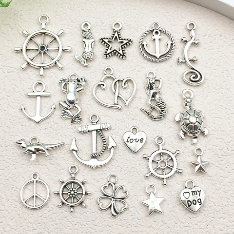 Colgantes DIY de Aleación de Zinc Plata Antigua Vintage para Fabricación de Joyería Ancla Náutica Estrella Corazón Sirena Tortuga Animales