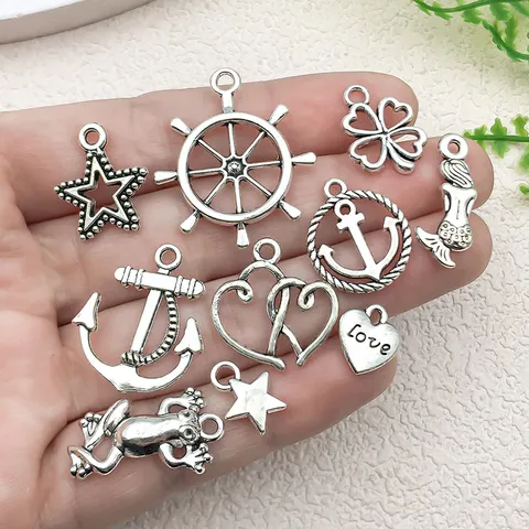 Colgantes DIY de Aleación de Zinc Plata Antigua Vintage para Fabricación de Joyería Ancla Náutica Estrella Corazón Sirena Tortuga Animales