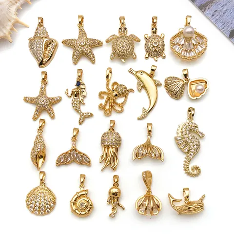 Ciondoli in Rame Placcato Oro 18K Vita Marina Zirconia Intarsiata Stella Marina Tartaruga Cavalluccio Marino Conchiglia per Fai da Te Gioielli