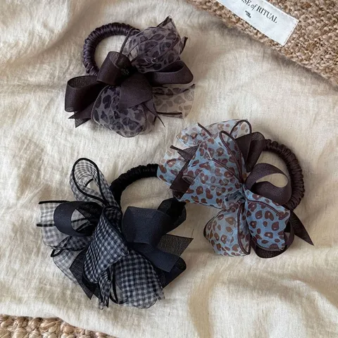 Coletero con Lazo de Estampado Leopardo y Cuadros Moda Coreana Malla Satén Tela Gomas para el Cabello Sujetador de Coleta Accesorios Mujer