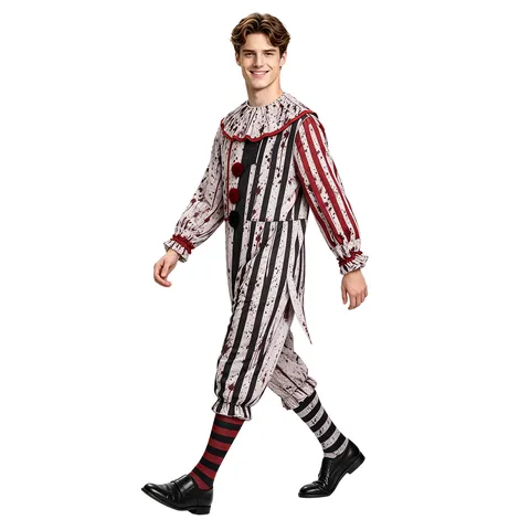 Halloween Horror Bloody Clown Cosplay Costume Striped Jumpsuit Dress Stage Performance Costume For Men Women Party Wear