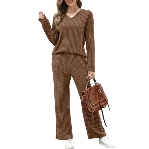 Conjunto de Pijama Informal de Punto de Canalé para Mujer Cuello en V Hombro Caído Camiseta de Manga Larga y Pantalones Ropa de Estar por Casa
