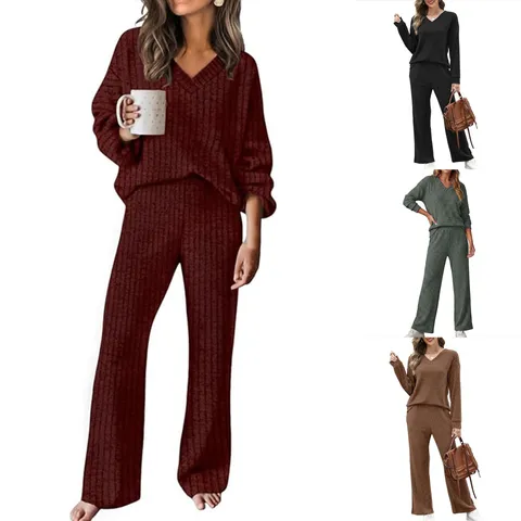 Conjunto de Pijama Informal de Punto de Canalé para Mujer Cuello en V Hombro Caído Camiseta de Manga Larga y Pantalones Ropa de Estar por Casa