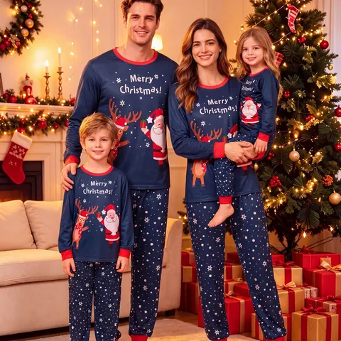 Family Christmas Pajamas Top And Bottom Navy Blue Red Santa Snowflake Printed Round Neck Long Sleeve Sleepwear Set For Women Men Kids
