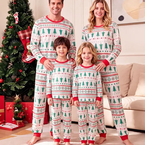 Weihnachten Familie Passende Schlafanzug Set Rot Grün Baum Druck Schlafbekleidung Langarm Top Und Hose Festliche Hauskleidung Damen Herren Kinder