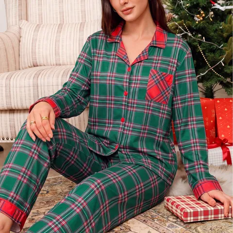 Women Plaid Christmas Pajamas Top And Bottom Lapel Long Sleeve Printed Button Down Loungewear Nightwear Holiday Pajama Set