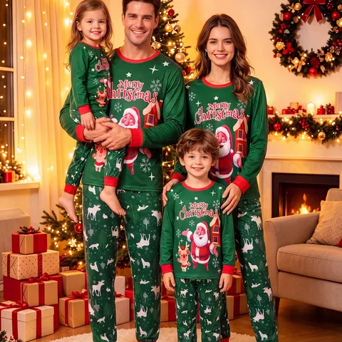 Pyjama de Noël Assorti pour la Famille en Polyester Imprimé Top Et Bottom Manches Longues Vert Père Noël Renne Vêtements de Nuit
