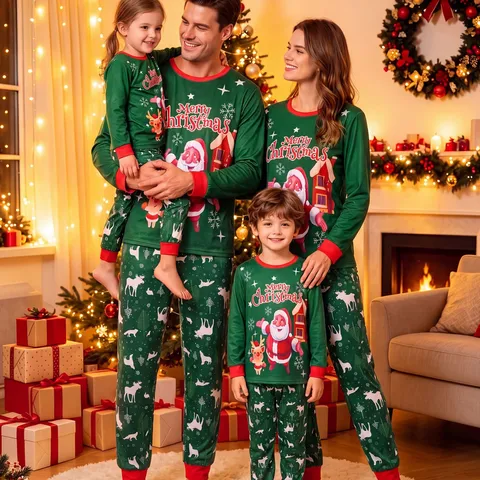 Pyjama de Noël Assorti pour la Famille en Polyester Imprimé Top Et Bottom Manches Longues Vert Père Noël Renne Vêtements de Nuit