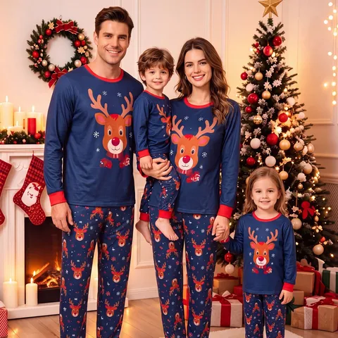 Ensemble Pyjama de Noël Élan pour Famille Haut à Manches Longues et Bas de Nuit Bleu Marine Festif PJS
