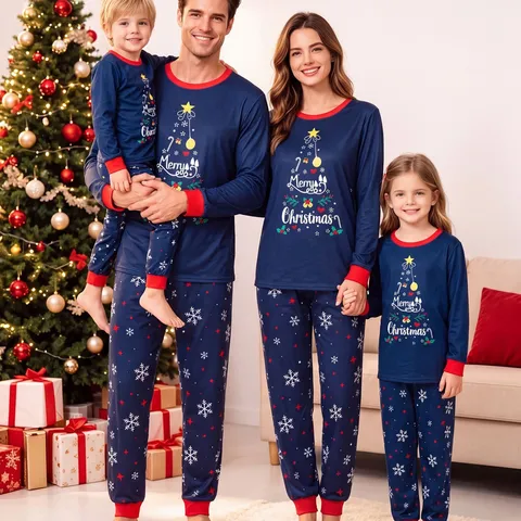 Bijpassende Kerstpyjama Set voor de Familie Marineblauw Bedrukt Top And Bottom Lange Mouw Nachtkleding Polyester