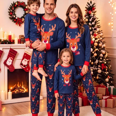 Ensemble Pyjama de Noël Élan pour Famille Haut à Manches Longues et Bas de Nuit Bleu Marine Festif PJS