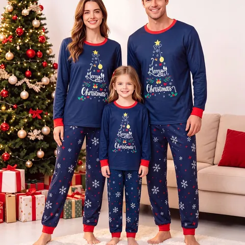 Bijpassende Kerstpyjama Set voor de Familie Marineblauw Bedrukt Top And Bottom Lange Mouw Nachtkleding Polyester