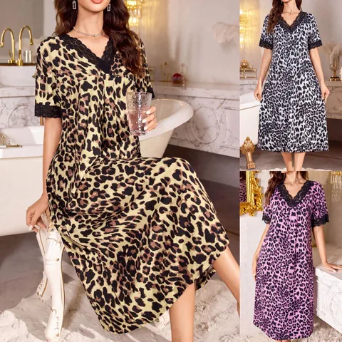 Damen Leopardenmuster Spitze V-Ausschnitt Nachthemd Sexy Locker Mittellang Schlafanzug Casual Home Wear Kleid