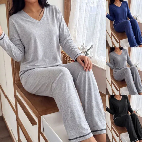 Women V Neck Pajama Set Long Sleeve Top And Bottom Solid Color Casual Home Wear Nightwear Polyester Spandex Pajamas
