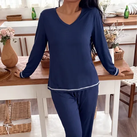 Women V Neck Pajama Set Long Sleeve Top And Bottom Solid Color Casual Home Wear Nightwear Polyester Spandex Pajamas