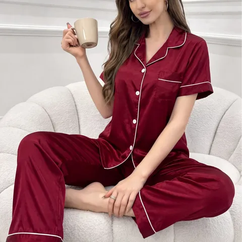 Women Satin Pajama Set Short Sleeve Top And Long Pants Silk Like Sleepwear Button Down Lounge Wear Nightwear