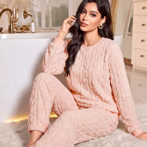 Women's Thickened Coral Velvet Pajamas Top And Bottom Casual Soft Warm Fleece Homewear Solid Textured Winter Sleepwear