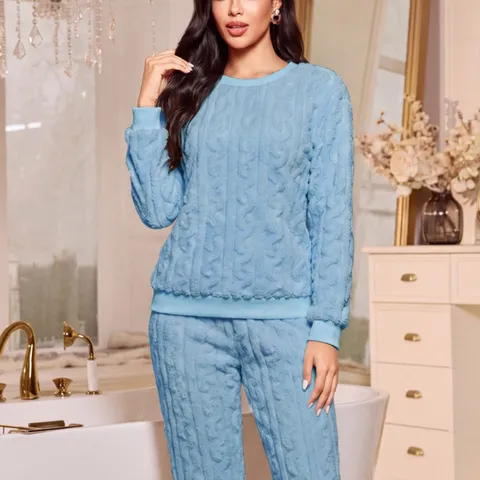 Women's Thickened Coral Velvet Pajamas Top And Bottom Casual Soft Warm Fleece Homewear Solid Textured Winter Sleepwear