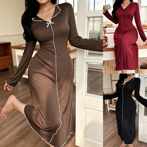 Damen V-Ausschnitt Langarm Nachthemd Einfach Locker Weich Schleife Rüschenbesatz Schlafanzug Elegant Einfarbig Loungewear Kleid