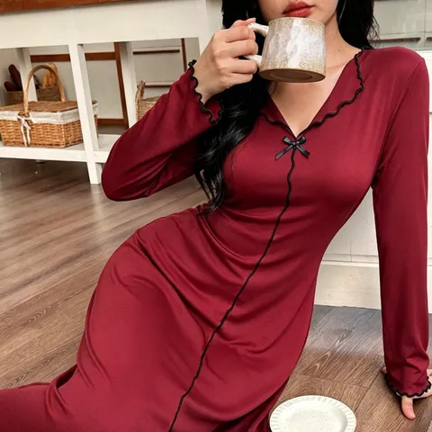 Damen V-Ausschnitt Langarm Nachthemd Einfach Locker Weich Schleife Rüschenbesatz Schlafanzug Elegant Einfarbig Loungewear Kleid