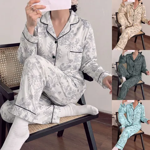 Pyjama Luxueux pour Femmes Top And Bottom Manches Longues Imprimé Floral Botanique Col Rabattu Boutonné Vêtements de Nuit Homewear Lounge Wear