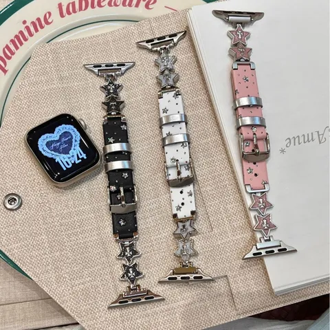 Fashion Leather Watch Band Compatible With Smart Watch Rhinestone Star Pendant Replacement Strap Elegant Wristband Jewelry