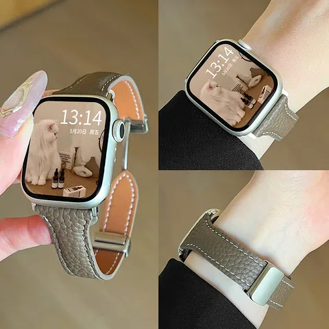 Genuine Leather Watch Band Slim Waist Design Folding Clasp Replacement Wrist Strap For Smartwatch Accessories